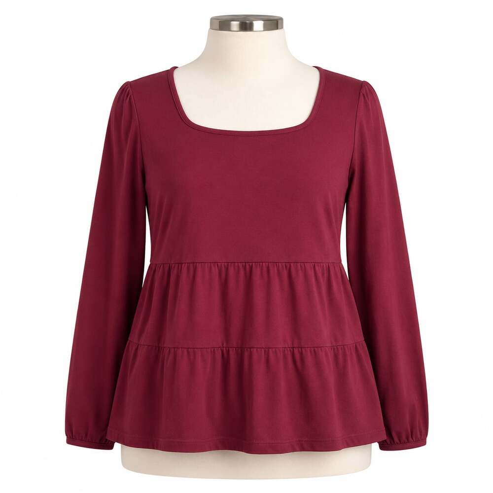 Lands’ End Women’s XL 16 Burgundy Red Long Sleeve Tiered Peplum Top